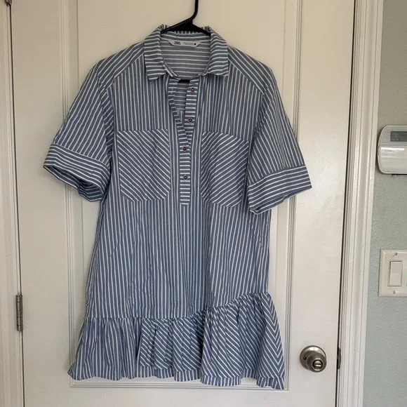 Zara Blue and Cream Striped Mini Dress Ruffle Frill Size Small Oversized - Picture 2 of 9